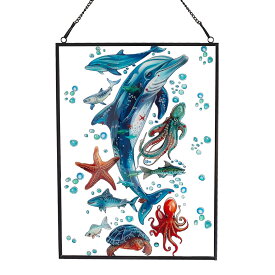 BDHRKTE イルカ ステンドグラス ウィンドウハンギング 15.75インチ x 11.81インチ 夏 海洋動物 ウィンドウハンギングライトキャッチャー、屋外ライトキャッチャー ガーデン装飾、海をテーマに
