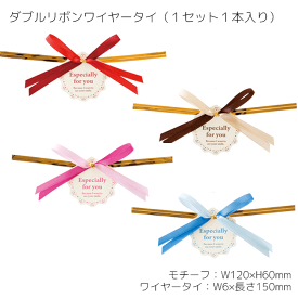 1本 ダブルリボンワイヤータイ リボン ワイヤー ワイヤーリボン カラーリボン 綿リボン 布リボン ワイヤータイ 付 簡単 留め具 ラッピング ギフト プレゼント タグ 柄 デザイン 無地