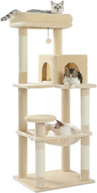 キャットタワー 猫タワー スリム 大型猫 据え置き 省スペース 登りやすい ハンモック 見晴台 ねこハウス ボンボン 天然麻紐 爪とぎ 運動不足解消 多頭飼い 高さ143cm /116cm