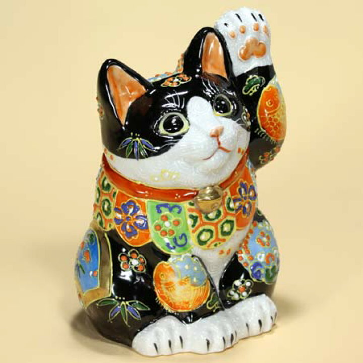 楽天市場】九谷焼 招き猫 置物 黒盛小紋（左手・高さ 17cm） ふとん付 