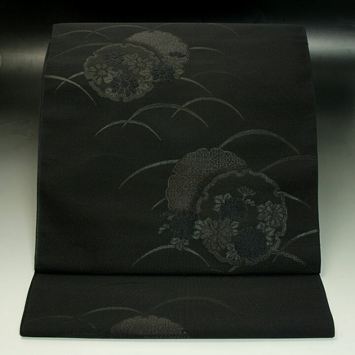 楽天市場】正絹黒共 九寸名古屋帯 喪服帯 綴 冬用 露芝雪輪文 : 色無地  