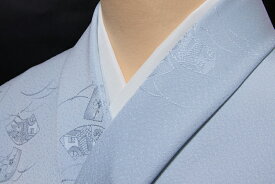 色無地　露芝に扇面文　青白色