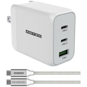 ADTEC APD-V065AC2-wC-WH Power DeliveryΉ GaN AC[d/65W/USB Type-A 1|[g/Type-C 2|[g/zCg  Type-C to CP[uZbg