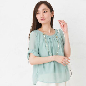 ブラウス 半袖 トップス レディース◆【DEALポイントバック】【SALE50】【メール便 送料無料06】シフォン天竺タック袖リボン五分袖ブラウス【エコ包装】[bl][ フォーマル オフィスカジュアル 入学式 卒業式 卒園式 春 夏 秋 インナー ][lf]□