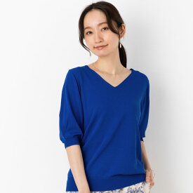 サマー ニット 半袖 レディース 春 夏 薄手 ◆ 【メール便 送料無料12】【M〜LL】12G RN 天竺 アイスクリーン 静電気 防止 ＆抗 毛玉＆UV＆接触冷感 Vネック タック ぽわん袖 五分袖ニット【エコ包装】[kt][ オフィス カジュアル 大きいサイズ 半袖 ][at]