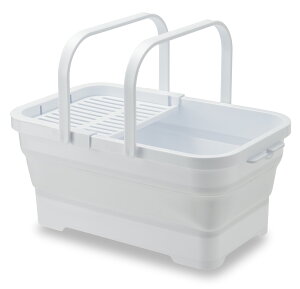伊勢藤(ISETO) おりたためるバスケットちょい置きトレー付 トレー付 洗車バケツ 掃除 つけ置き洗い 水抜き栓付き 15L 日本製 ISETO おりたたみ コンパクト かわいい ホワイト ベージュ グレー