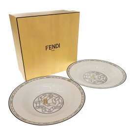 【中古】【Sランク】FENDI フェンディ オーロックプレートセット 食器 ラウンドプレート テーブルウェア 2枚セット 7AC046 ホワイト 磁器 【ISEYA】
