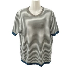 エルメス HERMES ボーダー ニット サイズL 半袖Tシャツ コットン グレー ホワイト ネイビー メンズ【中古】【Aランク】