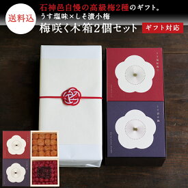 お歳暮、ギフトに。 【ギフトセット】梅咲く木箱2個セット（うす塩味×しそ漬小梅）水引き「梅結び」ラッピング梅干し 梅干 漬物 石神邑 紀州 南高梅 お歳暮 お歳暮 ギフト プレゼント お取り寄せ 内祝 引出物 弔事 法要 香典返し お返し プチギフト 個包装