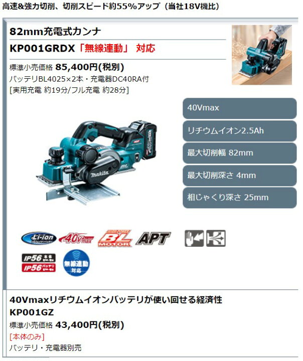 楽天市場】マキタ 40Vmax 82mm充電式カンナ KP001GRDX (バッテリBL4025 