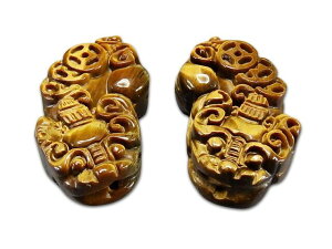 タイガーアイ色合い良好金銭ヒキュウ彫り中大サイズ2個ペア天然石彫刻品