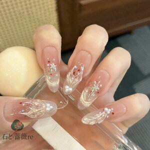 送料無料 ネイルチップ 10枚入り キャットアイ パール 星 人魚 キラキラ ゴールド ロング 透明 貼るネイル つけ爪 淡い アートチップ デザインチップ 付け爪 結婚式 披露宴 成人式 ウエディン