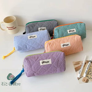 ペンケース 筆箱 おしゃれ 韓国 メイクポーチ ペンポーチ ファスナー 大容量 チェック柄 文房具 中学生 高校生 大学生 大人 学用品 オフィス 使いやすい かわいい シンプル 男女兼用 オレン