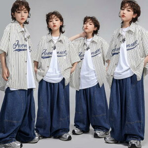 子供ダンス衣装 半袖ストライプシャツロング丈デニムパンツ2点/3点セットアップゆったり男女兼用舞台演出服 ヒップホップジャズダンスウェア カーディガン卒業式入学式イベントコスチ