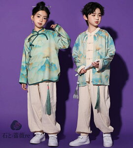 子供中華風漢服 舞台演出ウェア チャイナブラウス+ロング丈パンツ 太極拳服 チャイナ風女の子男の子セット 武術衣装 カンフー演出 春秋中華コスプレ衣装 日常服 中華服 中国コス
