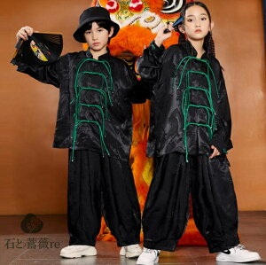 チャイナ子供武術服 ヒップホップジャズダンス衣装 龍柄黒太極拳武術ダンス演出服 キッズ hiphopjazzダンス衣装 上下2点セットアップ 幼稚園 中国風カンフー 気功 武術舞台演出服