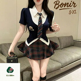 JK制服 女子高生風 上下セット 夏服 半袖シャツ ツ 假二点 トップス ニット風カーディガン 赤黒チェック柄 プリーツスカート 可愛い ガーリー 着痩せ 制服コスプレ 学園祭 文化祭 イベント 舞台衣装 撮影用 韓国風 人気新作