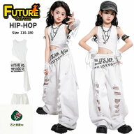 キッズ ダンス 衣装 セットアップ シャツ パンツ へそ出し 白 トップス チアダンス k-pop 衣装 ボロボロ…