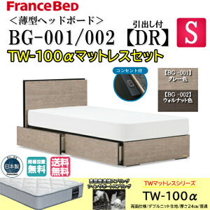 フランスベッド　シングル　ベッドセット　BG-001/002　DRフレーム　TW-100αマットレス付き　ミディアム　ダブルニット生地　スノコ床板　薄型ヘッドボード　コンセント付キャビネット　ボ