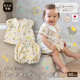 【公式 アモローサマンマ】 セットアップ ミントの森 80 | 春 夏 半袖 オーガニックコットン 出産祝い ベビー服 男の子 女の子 日本製 赤ちゃん 子供 服 新生児 ギフト 誕生日 シャツ パンツ 名入れ