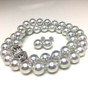 真珠 ネックレス パール オーロラ・真多麻 アコヤ真珠 イヤリング or ピアス セット 9.5-10.0mm ホワイトシルバーブルー(ナチュラルカラー) K14 WG 0.03ct クラスップ 79213 イソワパール