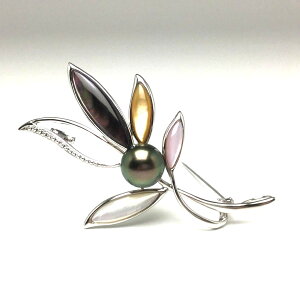 真珠 ブローチ パール 黒蝶真珠 11.3mm ピーコックグリーン シルバー シェル 植物 72597 イソワパール