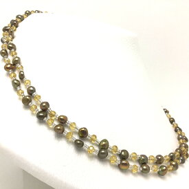 真珠 ネックレス パール 淡水真珠 セミロング 4.0-4.5mm ゴールドグリーンブラウン 真鍮 73357 イソワパール