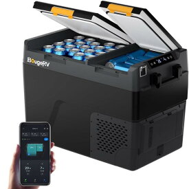 【リン酸鉄バッテリー内蔵可能】BougeRV CRD2 V2.0 ポータブル冷蔵庫 車載冷蔵庫 40L/49L 【最長25時間連続稼働】 -20℃～20℃ 2室個別温度設定 APP遠隔操作 IPX4防水 AC100V/DC12V/24V 省エネ 静音 2フタ開き LCD温度表示 庫内灯 水抜き栓付き