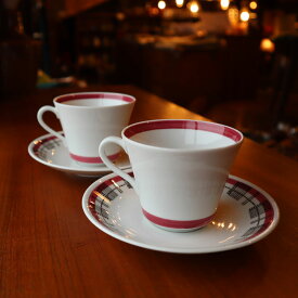 カップソーサー2客セット【ヴィンテージ陶器】【中古】カップソーサーピンクホワイト幾何学模様コーヒーカップ