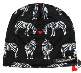 ボヘミアンズ　ワッチキャップ　シマウマWATCH CAP SMALL LOVE ZEBRAちいさなシマウマとハートがいっぱいプリントされています肌触りがとても良いストレッチ生地です日本製