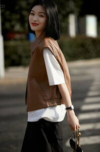 【2024新作】レディース フェイクレザーベスト ノースリーブ オーバーサイズ カジュアル 春秋向け 合成皮革 高級感 羊革裏地 ファスナー付きジャケット 【X&W】