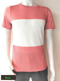 bena ニット切り替え 半袖Tシャツ カットソー メンズ トップス (ピンク)