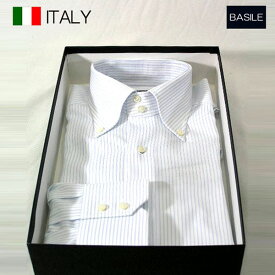 イタリア製 BASILE インポート ドゥエ ボタンダウン セミワイド襟 ストライプシャツ ドレスシャツ ビジネスシャツ （ブルー） バシーレ