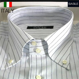 イタリア製 BASILE インポート ドゥエ ボタンダウン セミワイド襟 ストライプシャツ ドレスシャツ ビジネスシャツ 長袖シャツ （薄青ベースの生地にストライプ） バシーレ