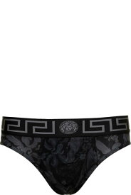 Versace ショーツ ストレッチコットンマンのモノクロバロックプリント付きブラックブリーフ