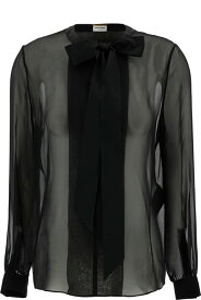 Saint Laurent ブラウス セミシアーシルクウーマンのリボンディテール付きブラックシャツ