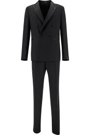 Tagliatore スーツ ウールマンのピークリバース付き黒のダブルブレストタキシード