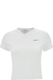 Coperni Tシャツ コットンウーマンのVネックラインとロゴ付きの白いTシャツ