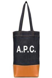 A.P.C. トートバッグ 「アクセル」デニムウーマンのロゴプリント付きブルーとブラウンのハンドバッグ