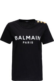 Balmain Tシャツ ジャージーの女性のロゴプリントと金色のボタンが付いた黒のクルーネック T シャツ