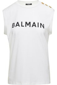 Balmain タンクトップ コントラストのあるレタリングプリントとコットンドナのジュエルボタンが付いた白いタンクトップ