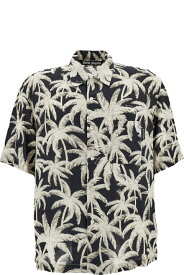 Palm Angels シャツ 全体にヤシのプリントが施されたブラックとホワイトの半袖シャツ (ビスコース マン)
