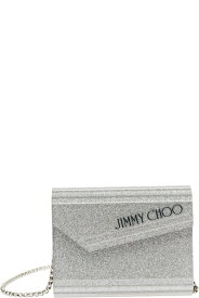 Jimmy Choo ショルダーバッグ グリッターアクリルウーマンのチェーンとロゴディテール付きシルバーコンパクトクラッチバッグ