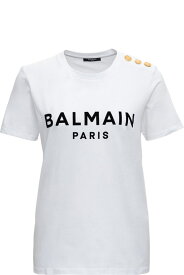 Balmain Tシャツ ジャージーの女性のロゴプリントと金色のボタンが付いた白いクルーネック T シャツ