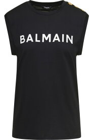 Balmain Tシャツ コントラストのあるレタリングプリントとコットンドナのジュエルボタン付きブラックタンクトップ