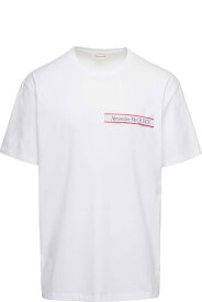 Alexander McQueen シャツ コットンジャージーマンのロゴテープ付きホワイトクルーネックTシャツ