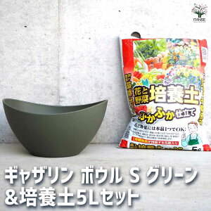【送料無料】ギャザリン ボウル グリーン 資材 Sサイズ&花と野菜の培養土 ふかふか仕立て5L プラスチック 寄せ植え コンパクト 受皿 浅皿 プランター 送料無料 即納