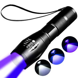 充電可能なブラックライト 蛍光灯 395紫外線 強力懐中電灯、ブルーライト釣りライト、 ブルーライト血液追跡ランプ。LED紫外線懐中電灯は紫外線黒色光と青色白色光の3つのモードを組み合わせている。
