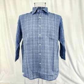 日本製 48(L) サイズ 麻混 七分袖 刺し子模様 胸ポケット シャツ-七分袖 ブルー 春夏 七分袖・五分袖 アンジェロ メンズ カジュアル 男性 40代 50代 60代 70代 中年