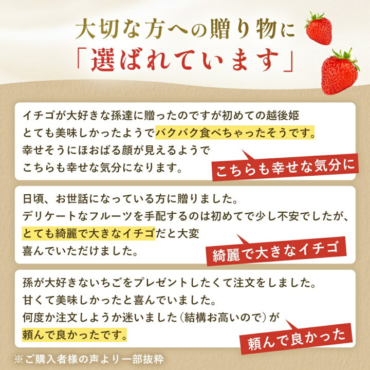 越後姫（斉藤いちご園）｜大切な方への贈り物に選ばれている理由：購入者の声（孫が喜んだ・綺麗で大きい・頼んで良かった）